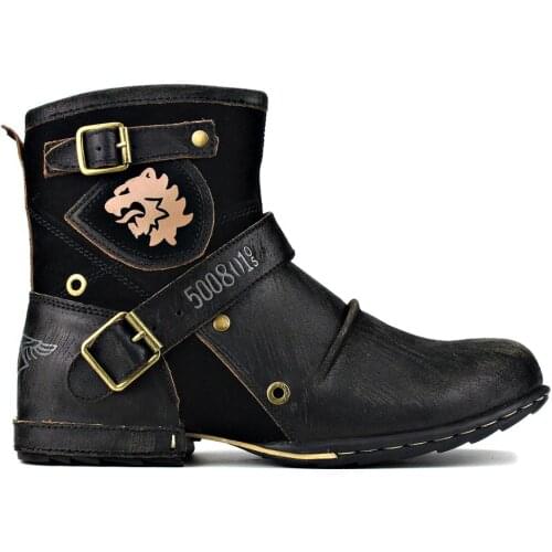 Genuine Leather Men Ankle Boots Retro Style Cowboy Chukka Boots Zipper-up Motorcycle Boots Men Fashion Western Boots Color Black