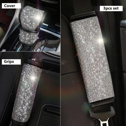 3pcs Set Sparkling Diamond Car Styling Handbrake Grips Gear Shift Collars and Seat Belts Padding Pad for Women Girls
