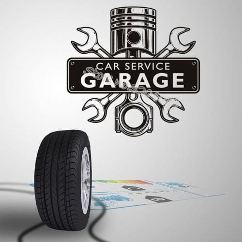 Car Service Garage words Wall Sticker Car beauty shop poster Auto Service Piston Wrench Crossed Engine Mechanic Logo Decal EB390