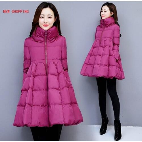 2020 New Winter Women Solid A-Line Coats Warm Thick Cotton Padded Jackets Female Stand Elastic Waist Mid-Long Cloak Parkas A248