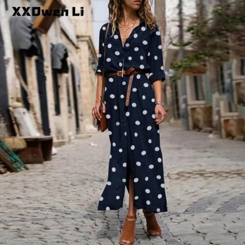 Summer Dot Print Long Sleeve Button Long Shirt Dress Casual Party Beach Dress For Women Vintage Polka Dot Womens Maxi Dresses