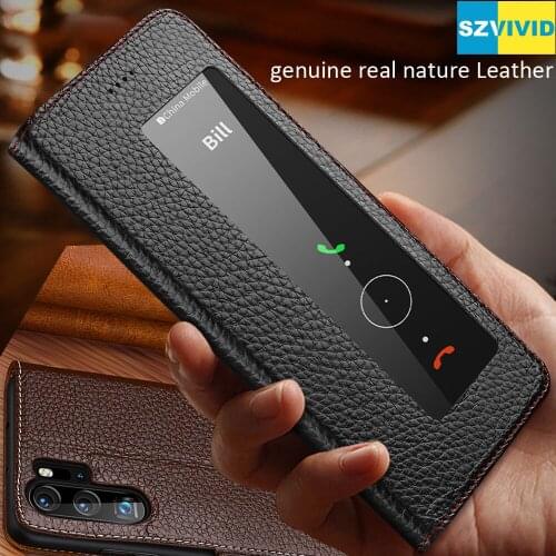 Genuine Real nature Leather Flip Case For Huawei P30 Pro Lichee Litchi Window Smart Sleep Magnetic