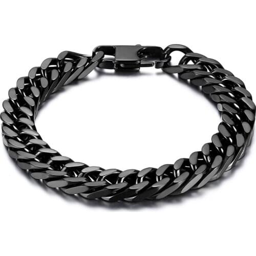 Durable Black Stainless Steel Bracelet Men Heavy Wide Mens Curb Chain Link Bracelet 8"/ 8.66" Two Size Selecion (with Gift Bag)