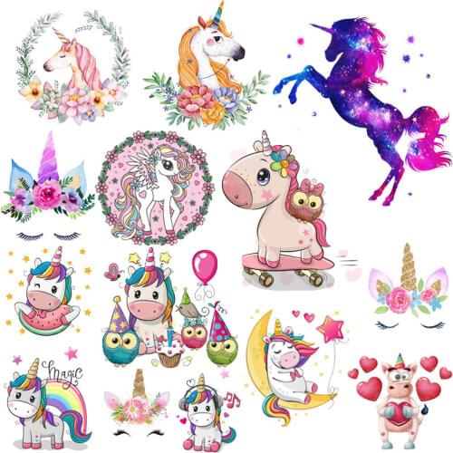 Unicorn Iron On Heat Transfers Vinyl Cartoon Ironing Thermal Sticker On Kids T-shirt DIY Patches For Clothing DIY Applique Decor