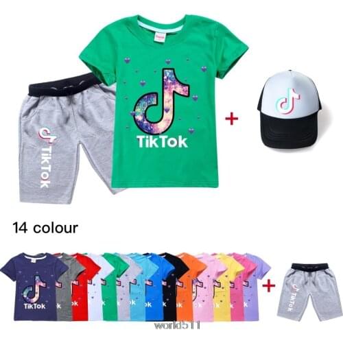 Tik Tok 2-16Years Kid Boys Girls Clothes Sets 2pcs Short Sleeve T-Shirts+Shorts +Hat 3 Pcs/Set Teenagers Tracksuits 14 Colors