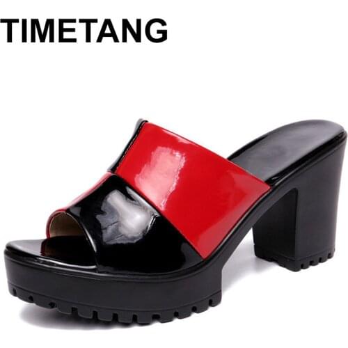 TIMETANGBig Size35-42Block SquareHeel Platform Slippers Shoes Women Office Summer 2019 Head HighHeels Slides Open Ladies Slipper