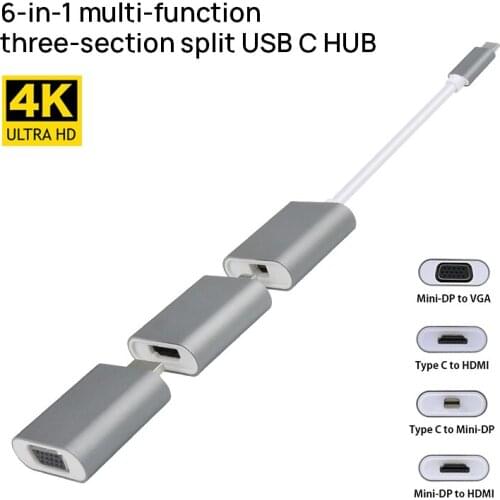 USB C HUB HD 4K 60Hz TYPE C to Mini DP HDMI-compatible TO VGA HUB Three Stage Split Type C HUB For TV Laptop PS4 Projector Phone