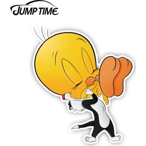 Jump Time 13cm x 10.2cm Cute Sylvester Tweety Cartoon Car Stickers Vinyl Car Wrap Laptop Window Funny Rabbit Decals Car Styling