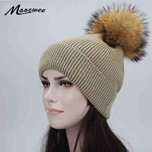 SOPAMEY Fur Pompom Knitted Beanies Hat for Women Winter Real Fur Pompom Cap Hat PomPoms Skullies Bonnet Girls Female Gorro Bone