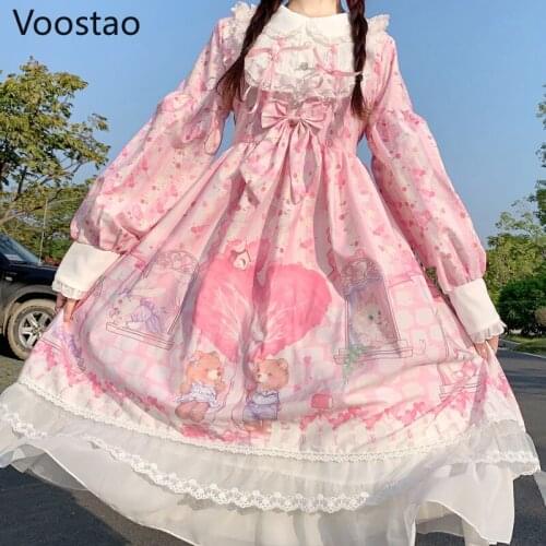 Japanese Victorian Sweet Lolita Op Dress Women Cute Sweetheart Town Cartoon Print Long Sleeve Dresses Fairy Kawaii Lace Dress