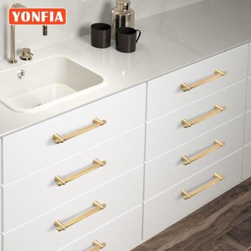 YONFIA 3739 Modern Kitchen Accessory Brushed Brass Closet Cabinet Drawer Handle Gold Cupboards Wardrobe Furniture Handle Knobs