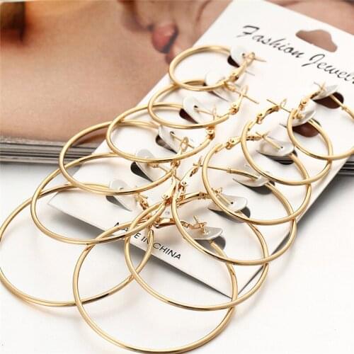 YPAY 6 Pairs Exaggerated Big Circle Hoop Earrings Set for Women Vintage Ear Clip Wedding Party Jewelry Gifts YME945
