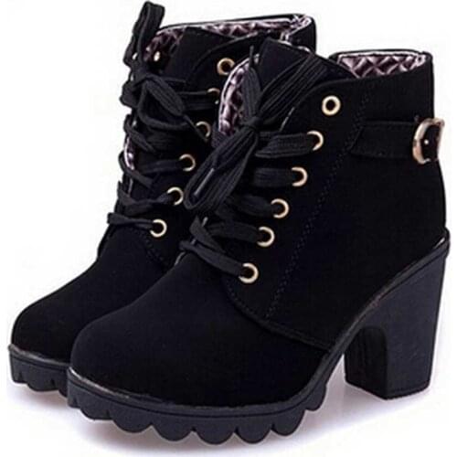 Ladies shoes ankle boots women shoes 2021 square heel casual shoes woman high heels solid lace-up sneakers women boots