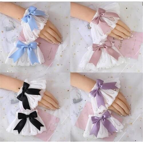 Victorian Sweet Lolita Hand Wrist Cuffs Bowknot Lace Trim Maid Cosplay Accessories For Women Girl Party Vintage B1304