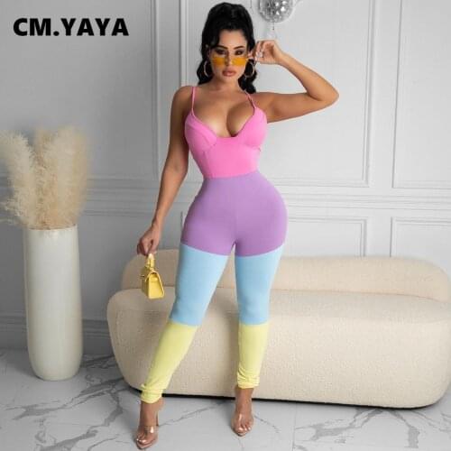 CM.YAYA Women Jumpsuit Patchwork Spaghetti Strap Sheath Elastic Bodycon Jumpsuits Office Lady High Street Fashion Outfit Summer