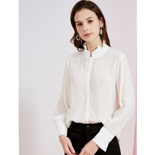 100%real silk boulses for women high quality 2020 summer white stand collar office shirts long sleeve casual sexy plus size