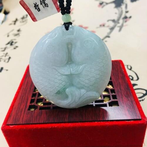 Zheru pure natural Jadeite carved green Pisces pair pendant with green bead chain sweater chain Send A certificate