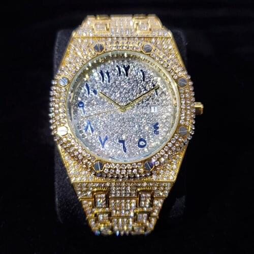 MISSFOX Arabic Numeral Man Watch 18k Gold Plated Quartz Full Diamond Luxury Wristwatch Man Rich Gentleman fashion Mens Watches
