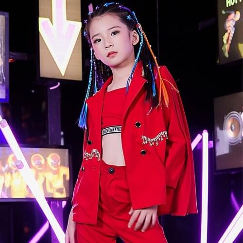 Kids Jazz Dance Costume Modern Street Dance Performance Clothes For Girls Hip Hop 3 Piece Suit Festival Rave Red Outfit DQL2431