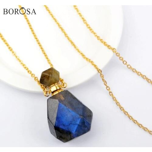 Faceted Natural Labradotite Perfume Bottle Pendant Connector Gold Plating Gems Stones Essential Oil Necklace for Women PB001-8