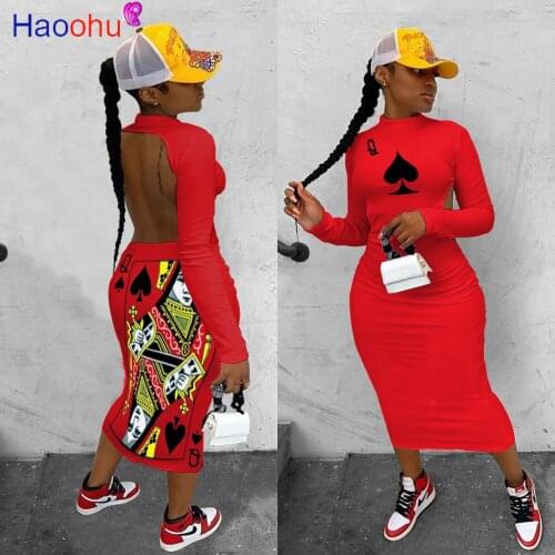 HAOOHU Women Spade Q Black Queen Letter Print Long Sleeve Open Back Bodycon Maxi Dress Streewear Active Wear Long Dresses