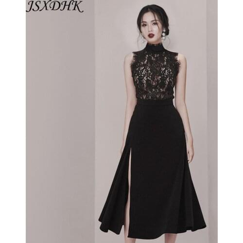 JSXDHK Runway Women 2 Piece Set Summer Black Hollow Out Lace Sleeveless Shirt + Elegant High Waist Split Chiffon Long Skirt Suit
