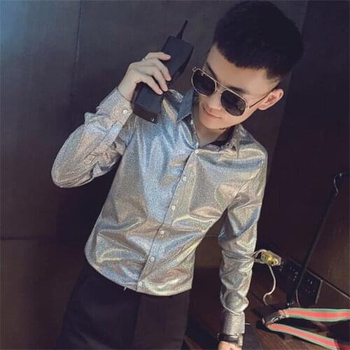 Mercerized shirt mens British palace dress youth slim long-sleeved shiny face stage singer costume silver ropa hombre fashion