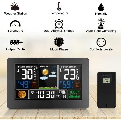 3-In-1 Weather Station Clock with RF Transmitter with Weather Forecast Calendar Moon Phase Dual Alarm Clock Snooze Table Clock