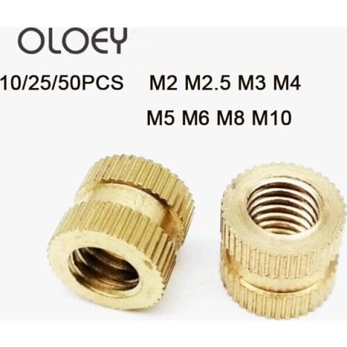 10/25/50pcs M2 M2.5 M3 M4 M5 M6 M8 M10 Solid Brass Pure Copper Metric Thread Injection Molding Knurl Insert Nut Nutsert Embedded