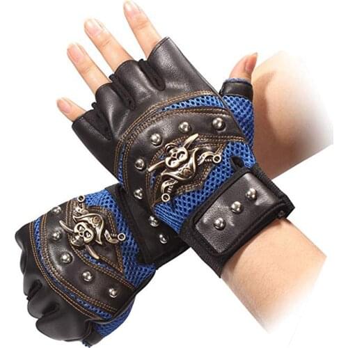 Motorcycle Skulls Rivet Artificial Leather Fingerless Gloves Men Protective Gear Racing Biker Riding Motorbike Moto Motocross