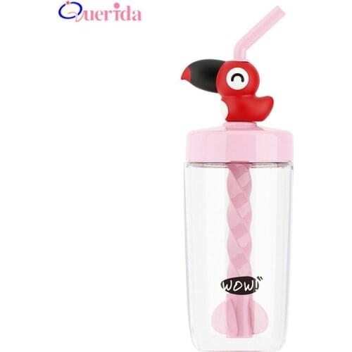 Cartoon Bird Stirring Straw Cup 400ml Portable Travel Plastic Water Bottle For Children Leak Proof Bottle Drinkware Gifts