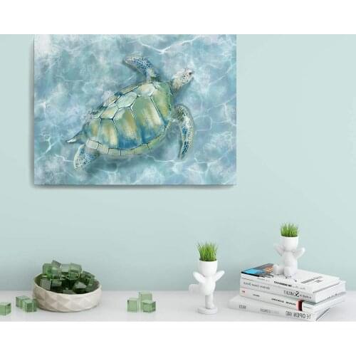 Bathroom Wall Decor Sea Turtle HD Canvas Framed Wall Art Modern Blue Coastal Room Decorations Art Work Green Turtle Blue Water