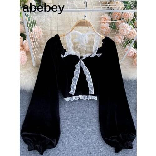 2021 New Summer Sweet All-match Square collar puff sleeve Shirt Lace stitching waist bandage Shirt Top