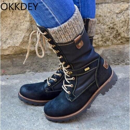OKKDEY 2020 autumn/winter new European and American round head low heel hairline side zipper large size mid-tube womens boots