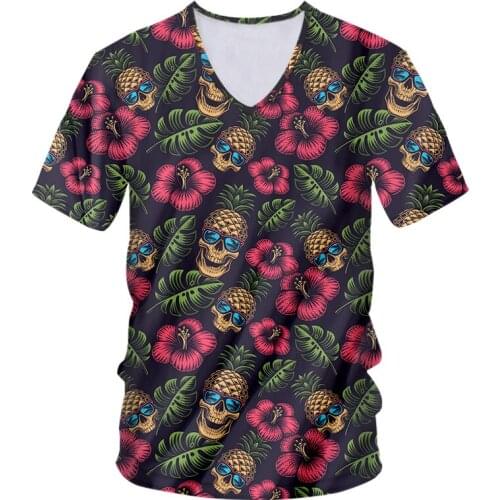 OGKB New V-neck T-shirt Skull Pineapple Leaf 3d-printed Gothic Streetwear Casual Vogue Men/women Spring Summer Short-sleeved Top