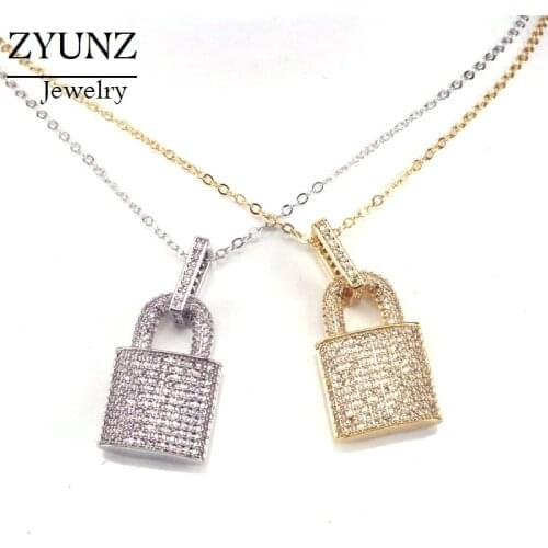 4PCS, Gold and Silver Color Micro Pave CZ Padlock Shaped Pendant Necklace Zirconia Jewelry