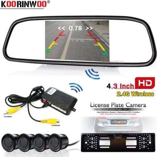 Koorinwoo EU License Number Camera With Parking Sensor 4 blind Sport Parktronic Rear view camera Show Distance on Monitor Mirror