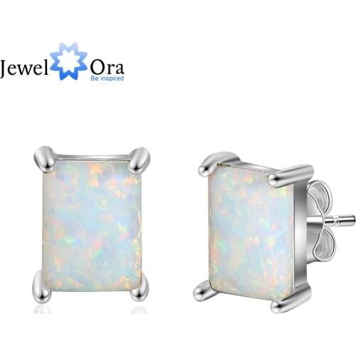 JewelOra Rectangle Silver Color Stud Earrings for Women Fashion Created White Opal Earrings Wedding Jewelry Accessories