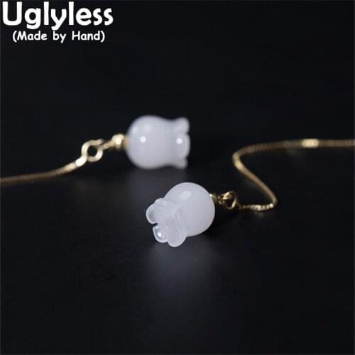 Uglyless Lily of the valley 11CM Long Elegant Flowers Ear Lines for Women Natural Hotan Jade Earrings 925 Silver Fashion Jewelry