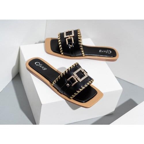 Brand Design Women Slippers Square Toe Flat Heel Slide Sandals Golden Chain Flip Flops Shiny Rhinestone Ladies Shoes sandales