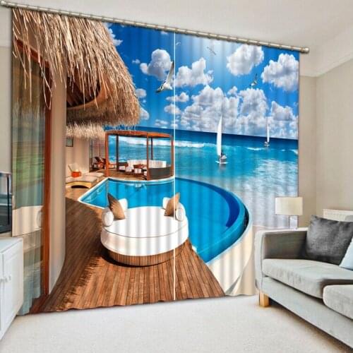 Natural Beautiful Sea lodge Scenery Beauty Digital Photo Printing Blackout 3D Curtains for Living Room Bedding Room Hotel
