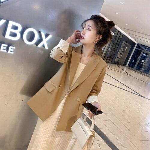 2020 Spring New Womens Casual Solid Color Double-breasted Suit Blazers Female Loose Pocket Decorative Office Lady Coats A176