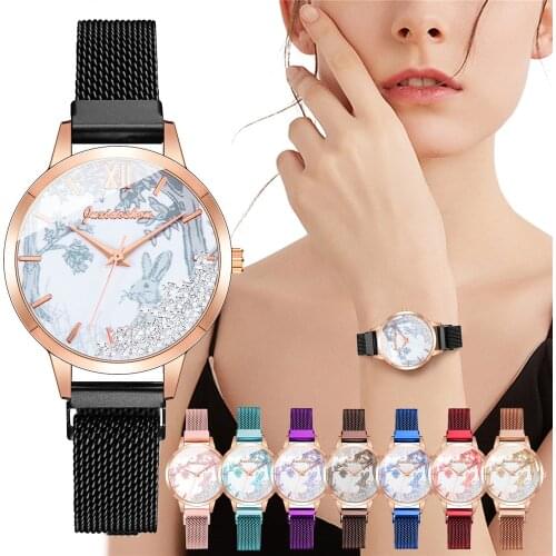 Women Fashion Moving Beads Rabbit Watch Magnet Buckle Ladies Quartz Watches Clock Zegarek Damski