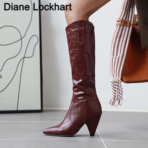 Newest Embossed PU Women Knee High Boots Pointed Toe Slip on European Style High Heels Female Shoes Fashion Cowboy Long Botas