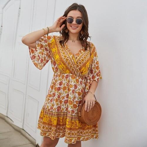 Boho Plus Size Vestir Contrast Stitching Short Sleeve Summer Vintage Print Hippie Beach Dress