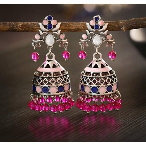 2020 Retro Bollywood Oxidized Jhumka Dangle Earrings For Women Ethnic Dripping Oil Bell Tassel Drop Indian Earring Gypsy Jewelry