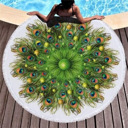 Beautiful Peacock Bath Towel Shawl Tassel Feather Soft Adult Kid Shower Beach Towel Swimming Bathrobe Blanket Round Sport Mat