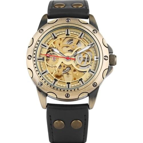 Mens Bronze Watch Hollow Out Automatic-self-winding Mechanical Wristwatch Stainless Steel Skeleton Durable Leather Strap