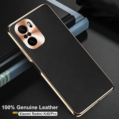 Genuine Leather Case For Xiaomi Redmi K40 Pro Plus Case Luxury Electroplated Soft Bumper Case Redmi K40 Case Metal Camera Cover