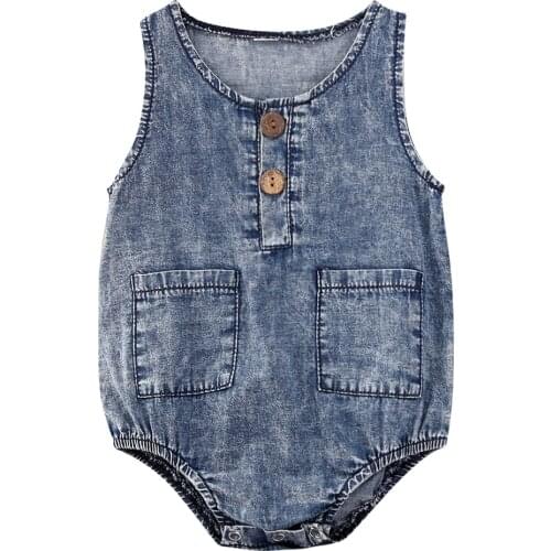 Infant Newborn Baby Denim Romper Bodysuit Boy Girl Summer Sleeveless Ruffle Button Jumpsuit with Pocket Outfit
